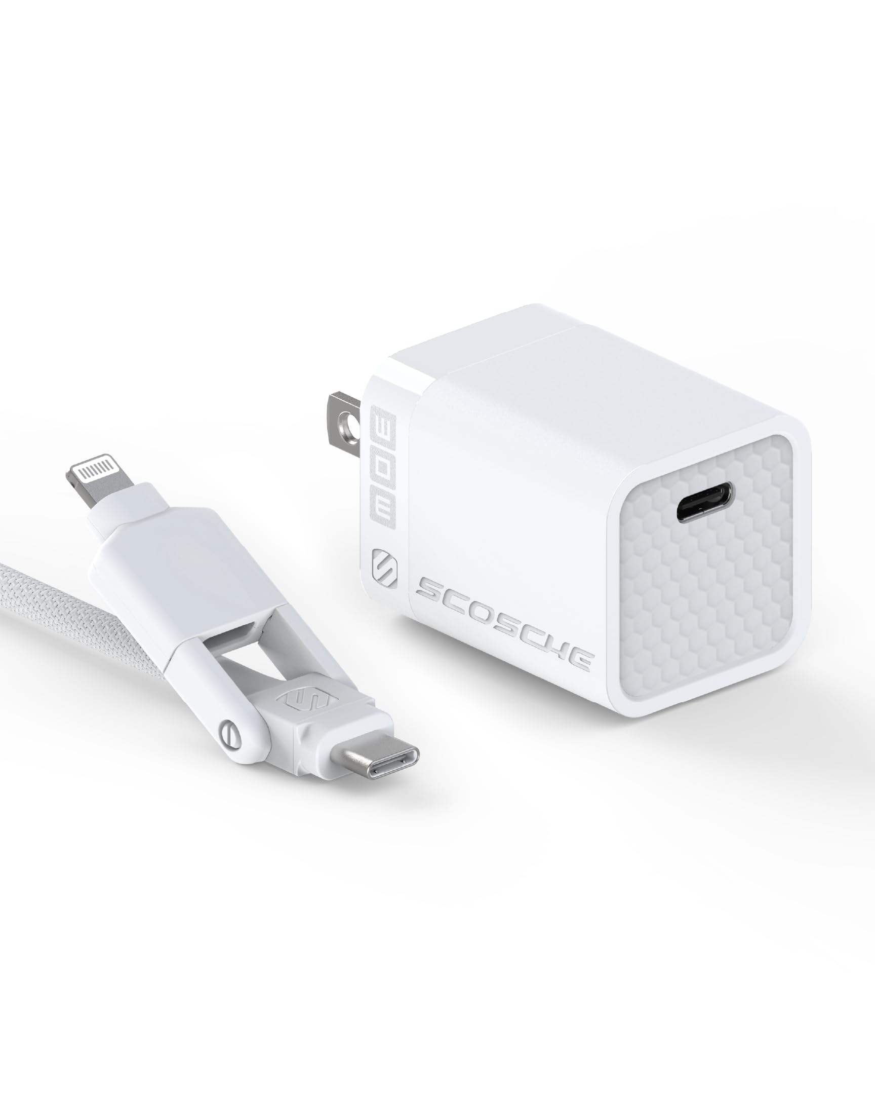 Scosche SHPDC30 30W USB-C Wall Charger and Cable GaN Fast Charging Adapter Block with Folding Plug and 4