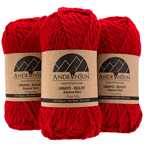 (3 Small Gorgeous Skeins) Alpaca Yarn Blend Umayo [165 Yards Total] Red, #5 Bulky