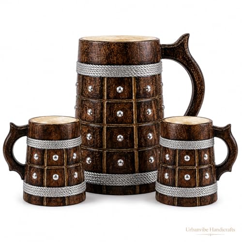 Image of Wooden Beer Bar Combo Set | Barrel Shaped Jumbo Mug with Metal Studs | 2 Small Beer Mugs 350ML (5 x 4 inches Each) & 1 Large Beer Jug 750ML