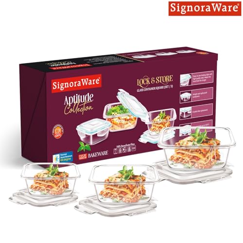 Image of Signoraware Safe Store Glass Square Containers | Airtight & Leakproof | Microwave Safe | Ideal for Reheating, Baking or Serving, Office Lunch & Outdoor Activities (320ml+520ml+800ml | Setof3 | Clear)