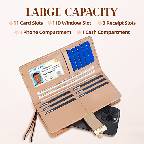 Image of Sweet Cute Chocolate Women's Long Leaf Bifold Wallet Leather Card Holder Purse Zipper Buckle Elegant Clutch Wallet Handbag for Women - Khaki