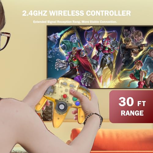 Image of 2 Pack Wireless N64 Controller for Switch Games, 2.4GHZ Rechargeable Wireless N64 Remote Joystick PC Game Controller Compatible with Raspberry Pi, N64 System, MAC, Windows 7,8,10,11 Clear Yellow
