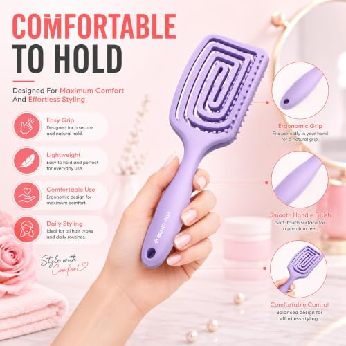 Image of BRAND VILLA Detangling Hair Brush for Women & Men | Anti Hair Fall Comb for Wet & Dry Hair | Flexible Vent Paddle Brush with Scalp Massager | Frizz Control for Curly, Straight, Thick, Long & Wavy Hair (Purple)