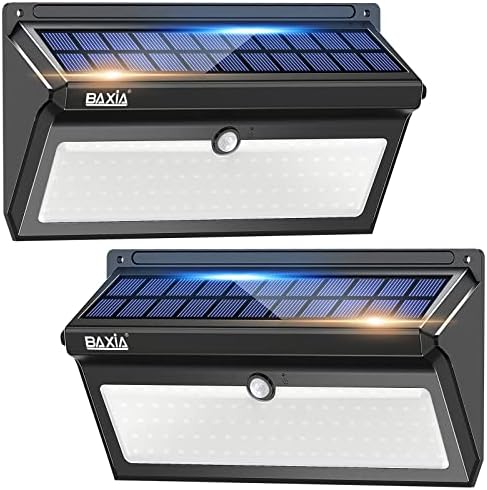 BAXIA TECHNOLOGY Solar Lights Outdoor Waterproof, 100 LED Solar Motion Sensor Lights with Wide Angle Super Bright Security Solar Wall Lights for Garden, Fence, Front Door, Yard, [2 Pack]
