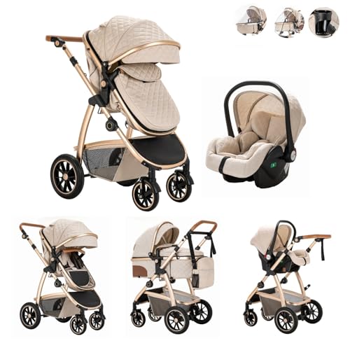 Kakbgee 3 en 1 Carrito Bebé, Cochecito Bebe con ECE R129 Asiento de Coche, Cochecito con Mango Ajustable de Altura, Cochecito Carro de Visión alta con Marco de Aluminio (22KG, 0-4 Años)