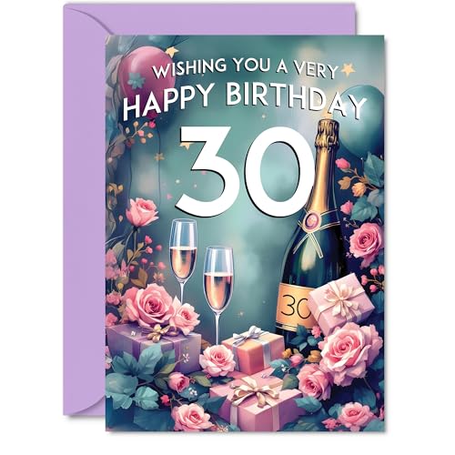 Carte anniversaire 30 ans - Cadeaux roses bouteille champagne, cartes belles A5