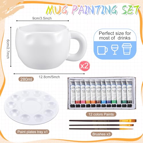 Image of Geiserailie Pottery Painting Kit for Adults, Paint Your Own Mug DIY Set with 2 Ceramic Mugs, 12 Acrylic Paints & Brushes Painting Gift for Easter Graduation Mother's Day Party(Petal-Shaped Mouth)