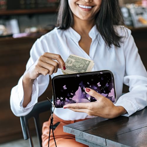 Image of Women's Wallets,Credit Card Holder Money Leather Long Wallet with Wristlet,Large Capacity with Zip-Around Phone Purse for Women Ladies Girls,Purple Butterfly