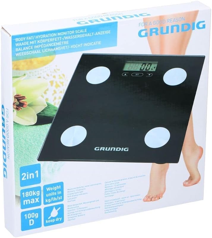 Grundig digitális személyi mérleg testanalízissel, 12 felhasználó memória, 180 kg, fekete