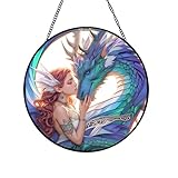 Xuoxeji Dragon Fairy Suncatchers for Windows, 20cm/7.87in Dragon Stained Glass Ornaments Dragon Sun Catcher Decor Fairy Gifts for Women