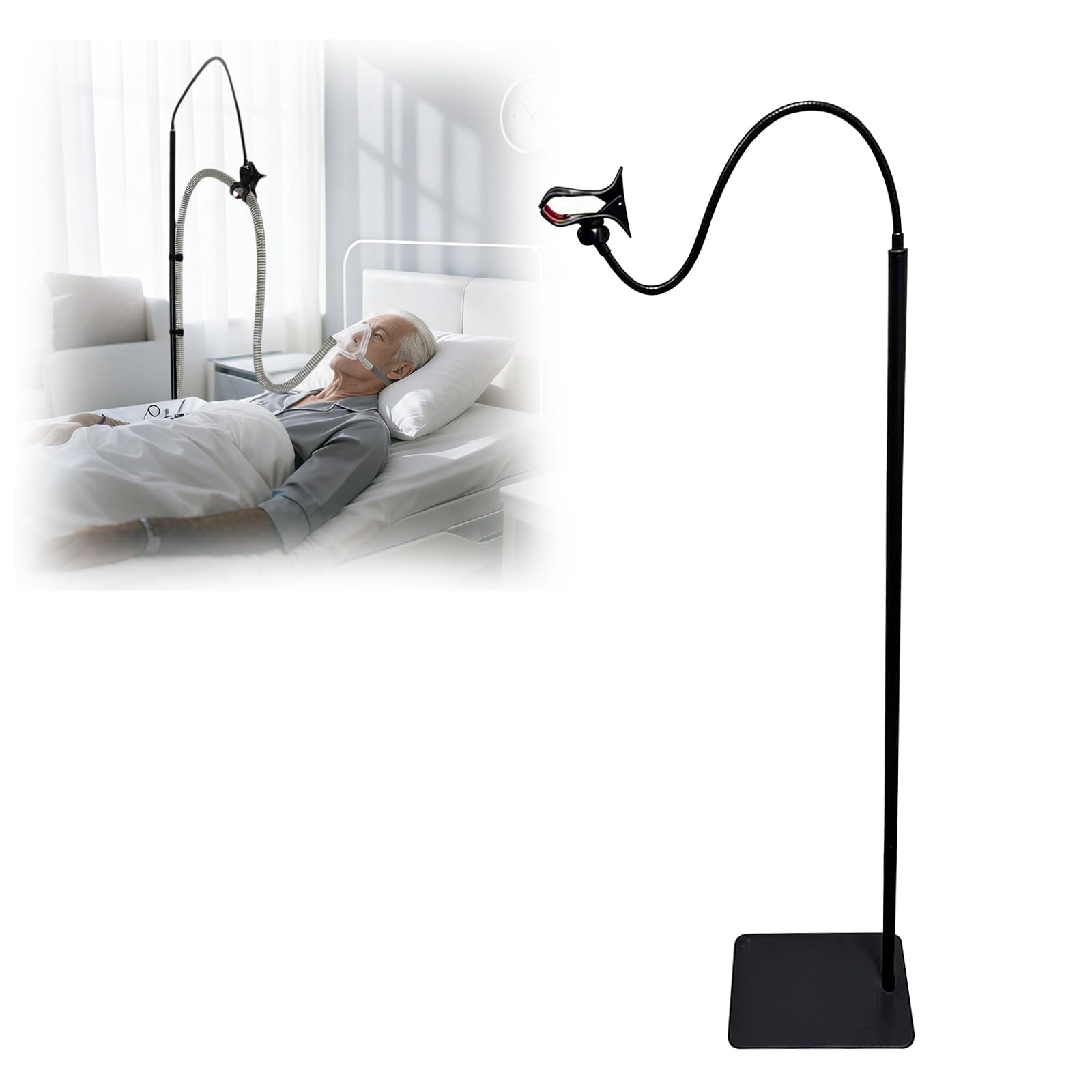 CPAP uchwyt na wąż i podnośnik do węża, regulowany, 40-120 cm, z regulacją wysokości CPAP z zaciskiem obrotowym o 360° i taśmą na rzep, wsparcie węża, zapobiega wyciekom i plątaniu się