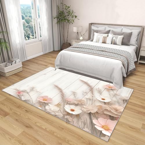 Moquette blanc clair lavable tapis salon fleurs bohème - 4