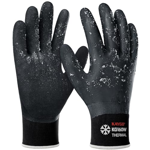 KAYGO guanti da lavoro termici impermeabili, fodera calda isolata, doppio rivestimento in lattice, per la conservazione del congelatore Tempo freddo Giardinaggio, KG160W (Nero, XL, taglia 10, 1 paio)
