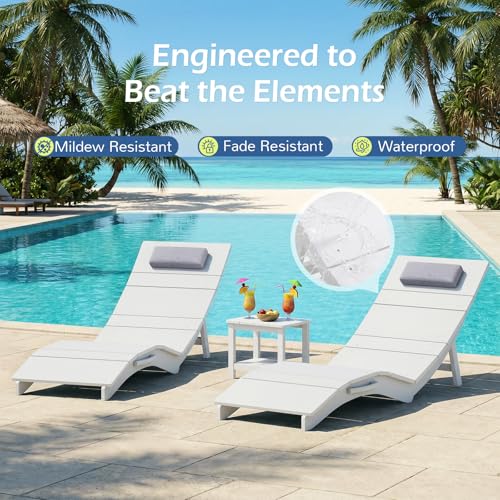 Image of Stoog Folding Pool Lounge Chairs Set of 4, HIPS Anti-Floating Outdoor Chaise with Headrest, Heavy Duty Pool Chairs for Hotel, Beach, Sun Deck, White