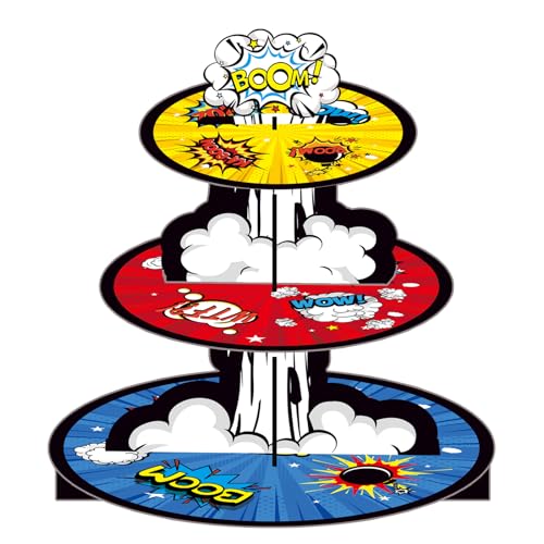 Tbzeou Hero Theme Cupcake Stand, 3-Tier Super Hero Party Supplies Cupcake Holder for Boys Girls Comic Book Birthday Decorations