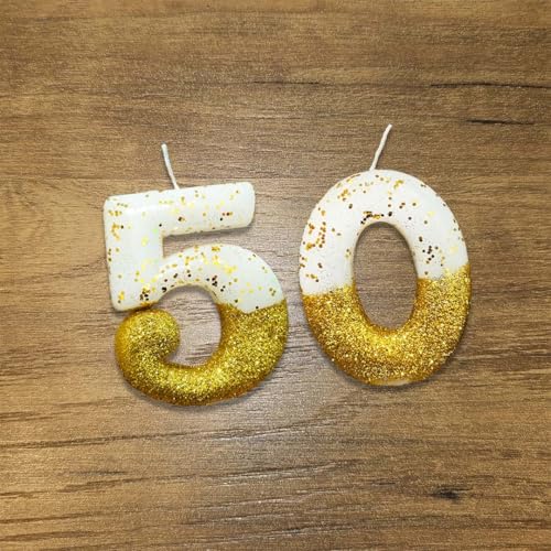 Image of Wanna Party Gold Glitter Number 50 Birthday Candle - Elegant Gold & White Cake Topper for 50th Birthday Party, Sparkling Double Digit Cake Decoration