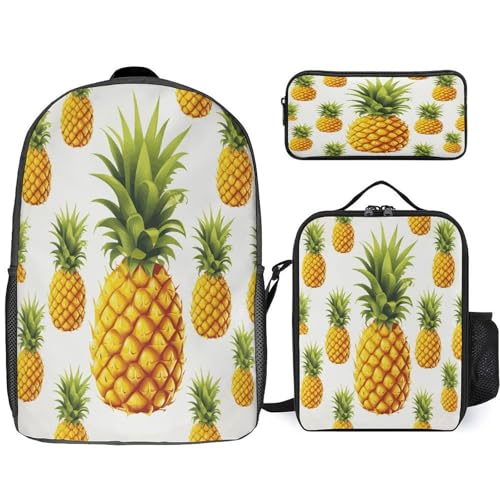 Printed Backpack With Lunch Pack Storage Box Case Yellow Pineapple on White Background Illustration 3pcs Lightweight Travel Backpack