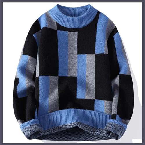 Men's Round Neck Sweater, Winter Thickened and Warm Bottom Sweater, Plaid Knit Sweater(Large)2