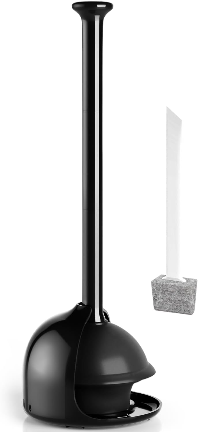 Denvlex Heavy Duty Toilet Plunger with Holder - Black 18.8" Dual-Mode Unclogger for Toilets, Sinks, Showers & Bathroom Clogs