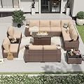 Aoxun 13 Pieces Patio Furniture Set with 44” Fire Pit Table Wicker Rattan Outdoor Sectional Conversation Set with Coffee Table and 4” Thickened Cushions, Beige (Waterproof Cover Included)