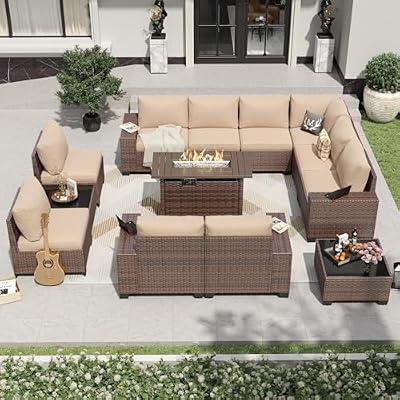 Aoxun 13 Pieces Patio Furniture Set with 44” Fire Pit Table Wicker Rattan Outdoor Sectional Conversation Set with Coffee Table and 4” Thickened Cushions, Beige (Waterproof Cover Included)