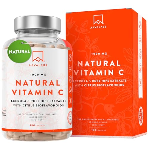 High Strength Natural Vitamin C Capsules 1000mg - 180 Vitamin C Tablets - Acerola Fruit Extract - with Citrus Bioflavonoids and Rosehip - VIT C Supports Immune Function- 3 Months Supply - 100% Vegan