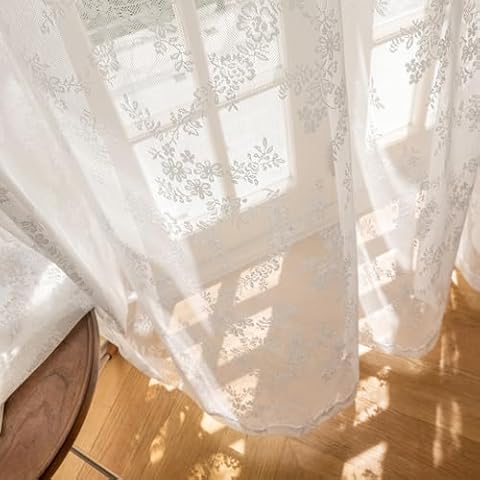 LANTIME White Lace Sheer Curtains 96 inches Long, Double Pleat Window Curtains Panels Drapery, 42" W x 96" L, Set of 2 Cover