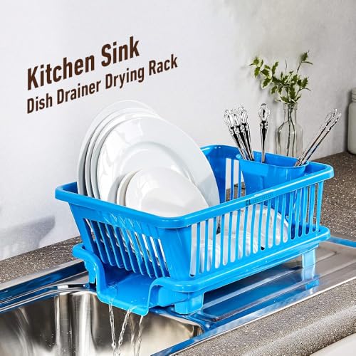 Image of Plastic Kitchen Dish Drainer Rack with Drying Tray & Cutlery Holder | 23 x 46 x 56 cm Utensil Stand & Bartan Stand | Mesh Design Dish Drying Basket Organizer for Kitchen Counter - Blue