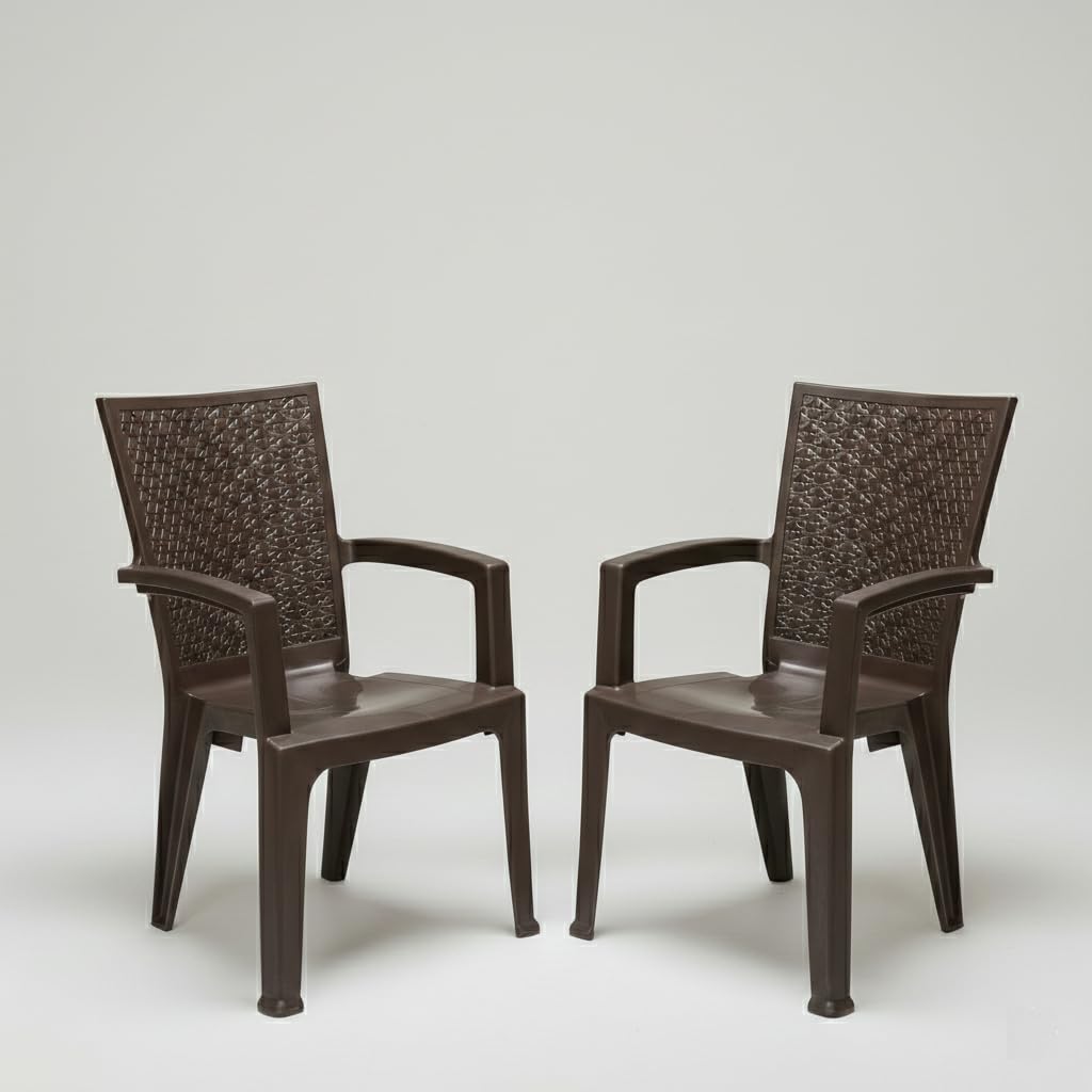 Nilkamal Mid Back Chair with Arm CHR2225 | Chair for Living Room, Bed Room, Kitchen, Office Room, Outdoor| 100% PolyPropylene Stackable Chair | (Weather Brown, Set of 2)