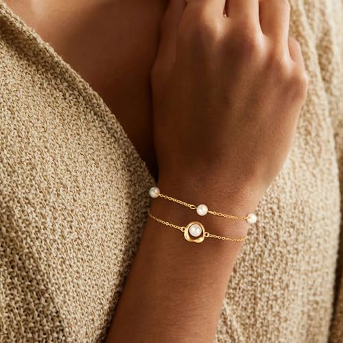 Gold Pearl Bracelets for Women Trendy, Dainty 18K Gold Plated Pearl Heart Daisy Circle Beaded Bracelet Stack Beach Summer Jewelry Bracelets Cute Wedding Bridesmaid Bridal Jewelry Gifts4