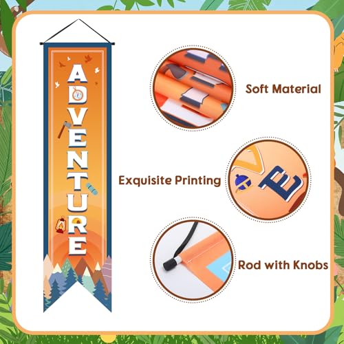 Image of Chiisong 3 Pieces Boho Camper Party Decorations Adventure Discover Explore Porch Signs Camping Hanging Backdrops for Indoor Outdoor Home Bar Birthday Photo Props Door Wall Party Decor Supplies