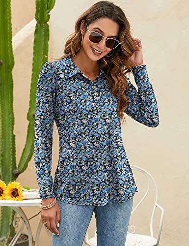 Lomon Women's Long Sleeve Polo Shirt V Neck Collared Shirts Casual Work Tops Blouses Black Floral M #TOP3