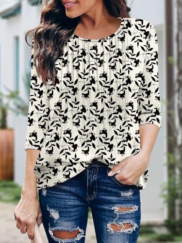 KISSMODA Tunic Tops for Women Loose Fit Dressy Round Neck Pleated 3/4 Length Sleeve Spring Tops
