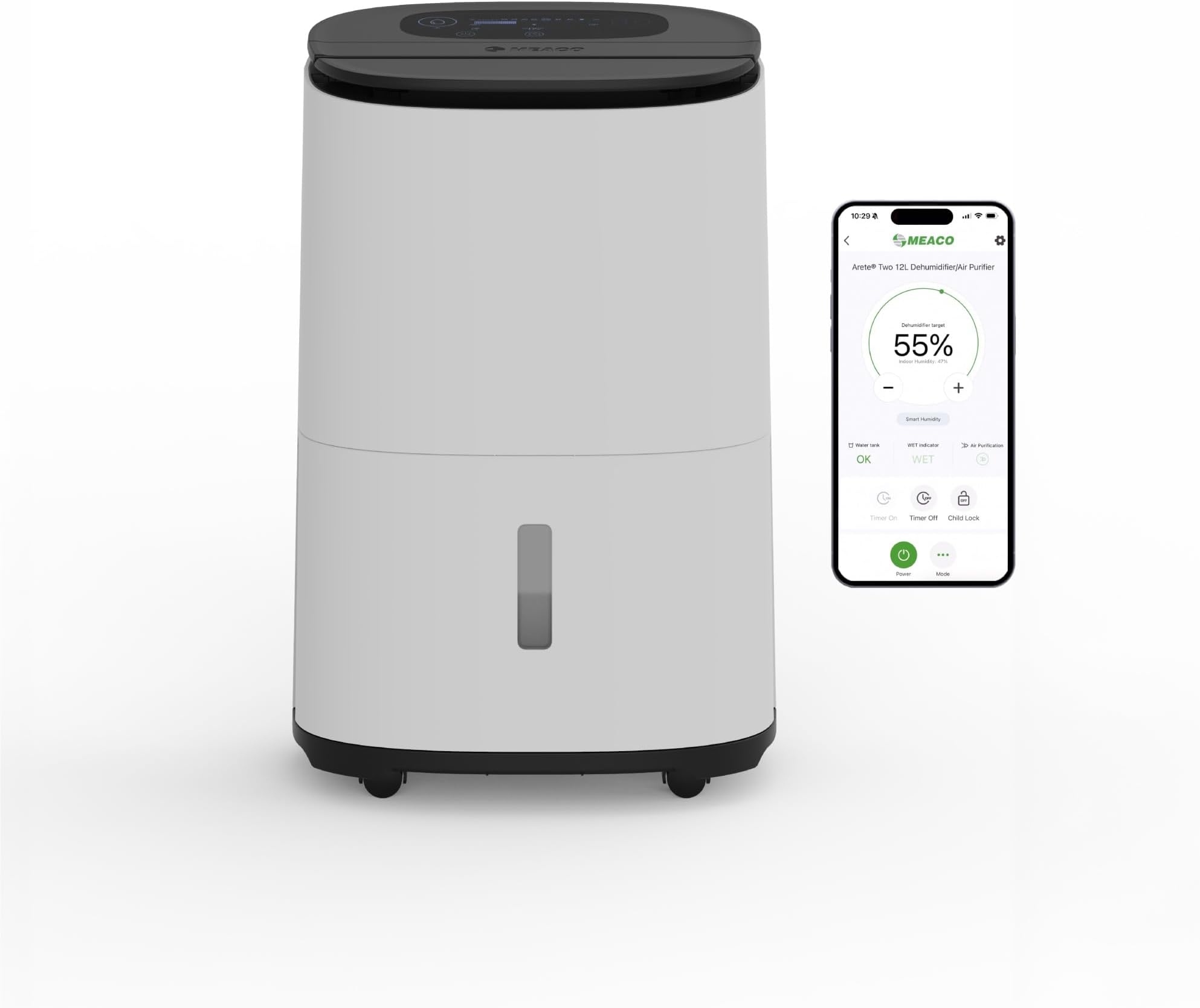 Meaco MeacoDry Arete® Two 10L Dehumidifier & HEPA H13 Air Purifier, Wi-Fi Meaco App, Smart humidity mode, Laundry mode, Low Energy, Low Noise, removes moisture in homes and flats, 5x year warranty