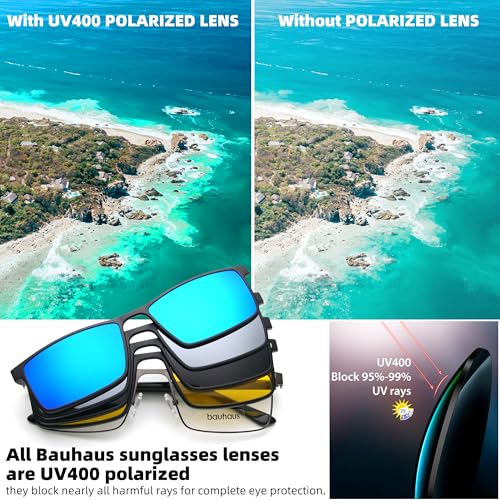 Image of Bauhaus Magnetic Clip on Sunglasses Women Polarized UV Square Men Sunglasses Night Driving Eyeglasses For Fishing Hiking