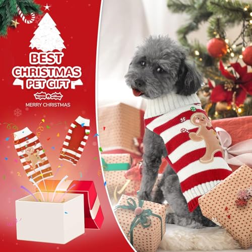 SKXEO Weihnachten Hund Pullover Kostüm, Neujahr Haustier Kostüm warm Winter Pullover gestrickt Weihnachten Haustier Kleidung für Welpen Katze Hunde (Gestreifter Lebkuchenmann-Pullover, S)