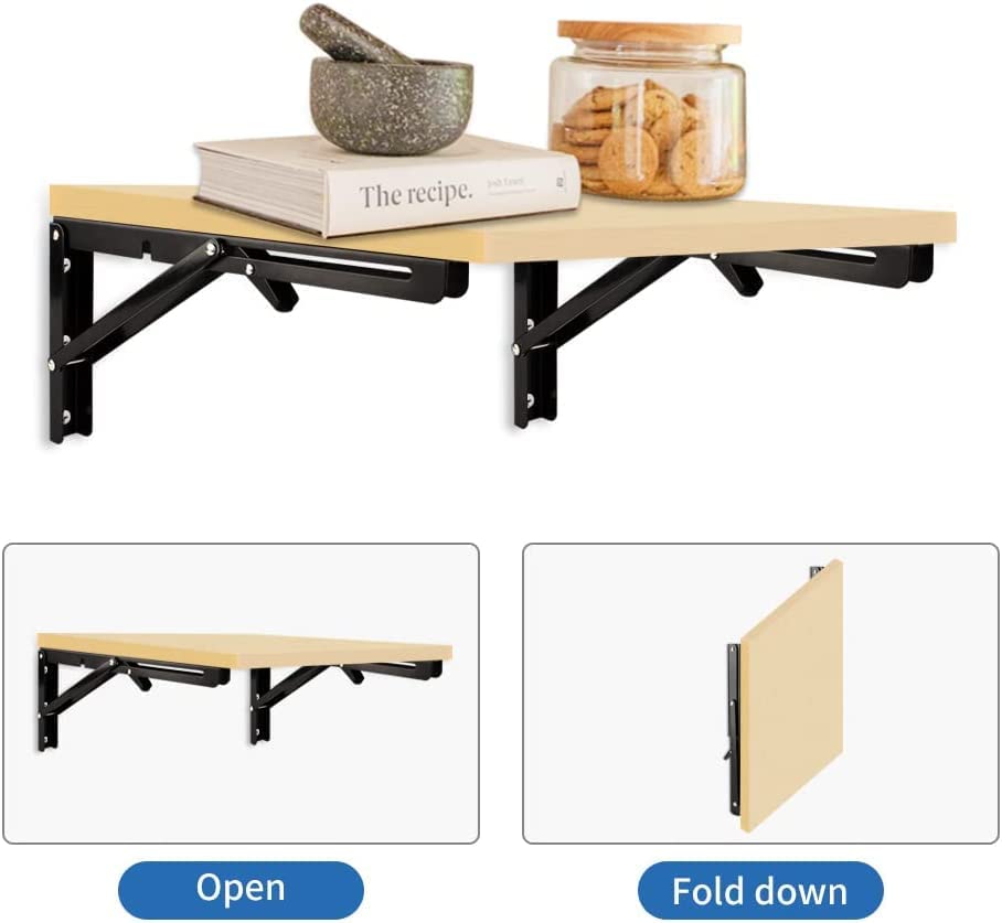 Image of Folding Shelf Brackets with Screws 2 Piece Heavy Duty Metal Collapsible Triangle Shelf Bracket, DIY Wall Mounted Folding Table Hinge Space Saving Folding Brackets - Black (30cm)