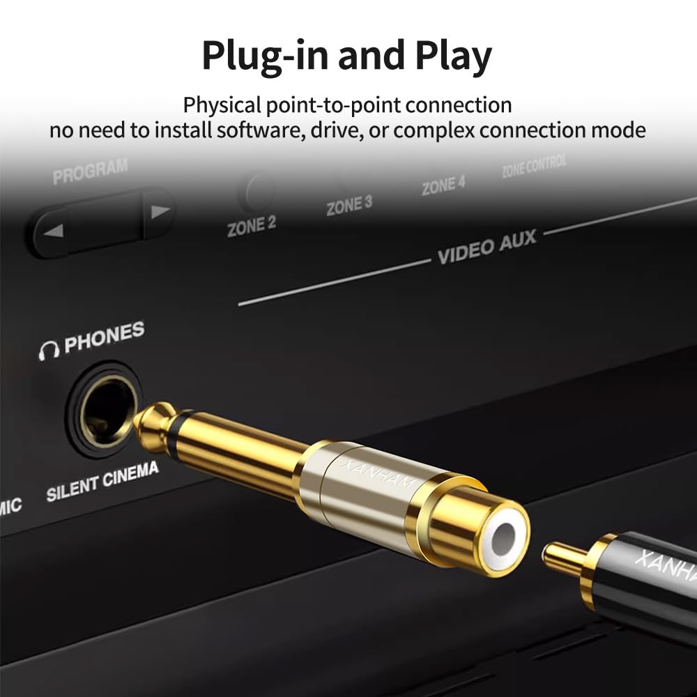 RCA hembra a 1/4 pulgadas 6.35 mm TS macho mono adaptador de cobre sólido chapado en oro, paquete de 2