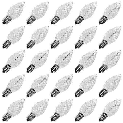 Meconard C7 Led Replacement Christmas Light Bulbs, C7 Shatterproof Led Bulbs for Christmas Indoor Outdoor String Lights, E12 Candelabra Base, Commercial Grade Holiday Bulbs, Cool White, 25 Pack