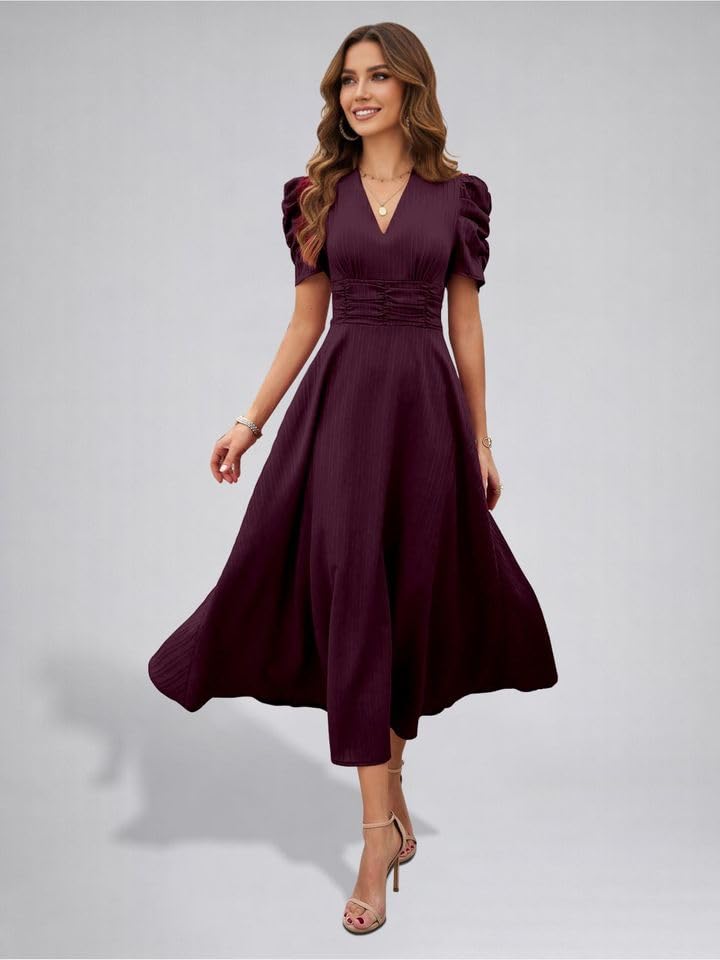 Image of Women's Solid Color V-Neck A-Line Maxi Stylish One Piece Long Midi Dress Party Outfit | Waist Cinched Puff Sleeve Elegant Casual Dresses for Women