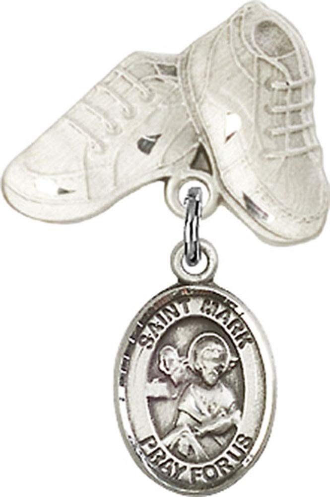 Jewels Obsession Baby Badge with St. Mark the Evangelist Charm and Baby Boots Pin | Sterling Silver Baby Badge with St. Mark the Evangelist Charm and Baby Boots Pin - Made In USA