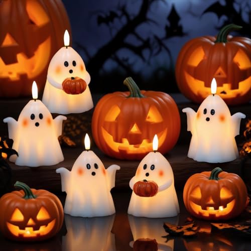 Image of Wondise Halloween Flameless Candles with 6hrs Timer Spooky Ghost, Battery Operated Candles 3D Flickering Wick Real Wax 2 Packs Halloween Candles for Halloween Decoration Gift (D 3.5 inch x H 5 inch
