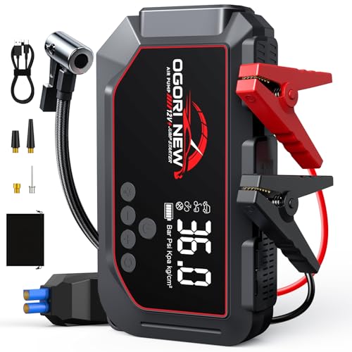Auto Starthilfe Powerbank für Pkw mit 150PSI Kompressor,7000A Starthilfe Powerbank für 12 V (8L Benzin/10L Diesel),OGORI NEW Booster Auto Starthilfe mit LED Taschenlampe+USB-Ladekabel
