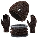 Winter Beanie Hat Circle Scarf Gloves Set for Men Women, Thick Warm Chenille Skull Cap Touchscreen Gloves Neck Warmer