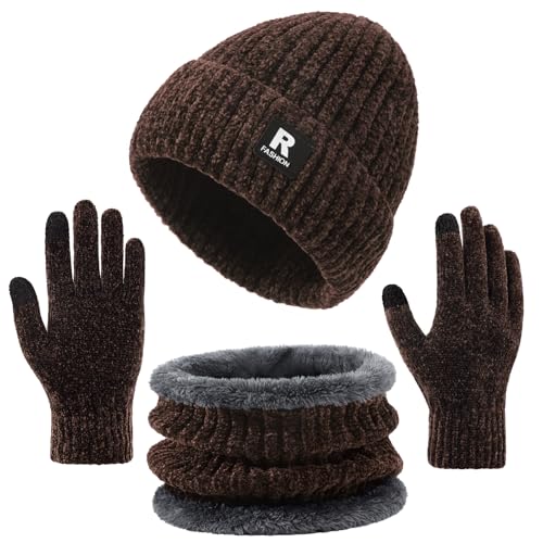 Winter Beanie Hat Circle Scarf Gloves Set for Men Women, Thick Warm Chenille Skull Cap Touchscreen Gloves Neck Warmer