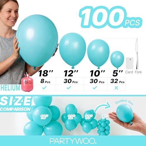 Image of PartyWoo Teal Balloons 100pcs Different Sizes Pack of 18 12 10 5 Inch Turquoise Dark Teal Balloon Arch Kit for Baby Shower Gender Reveal Graduation Mermaid Birthday Pool Party Decorations Blue-Y69