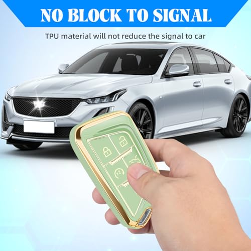 Image of QBUC for Cadillac Key Fob Cover with Leather Keychain (Gold Trim Green) | Soft TPU Protection Case Compatible with 2020-2026 Cadillac Escalade Lyriq Optiq 5-Buttons