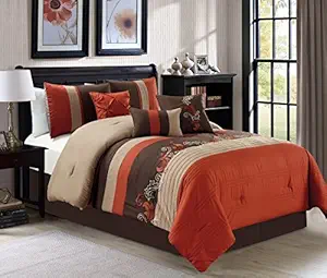 Chezmoi Collection Napa by 7-Piece Luxury Leaves Scroll Embroidery Bedding Comforter Set (King, Rust Orange/Taupe/Brown)