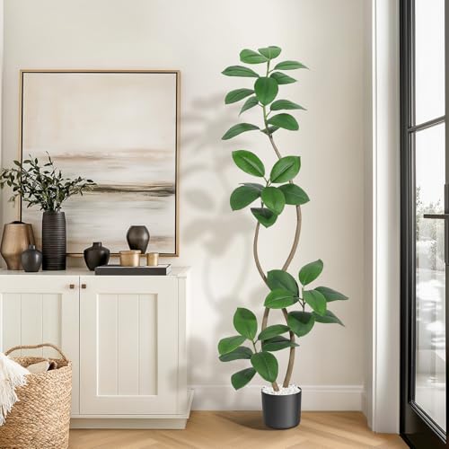 GarveeHome 6FT Artificial Plants Rubber Tree with Black Resin Pot& White Stone Faux Fiddle Leaf Fig Tree Indoor Artificial Trees Tall Plant Fake Tree Tropical Large Floor Tree Real Touch for Home Deco