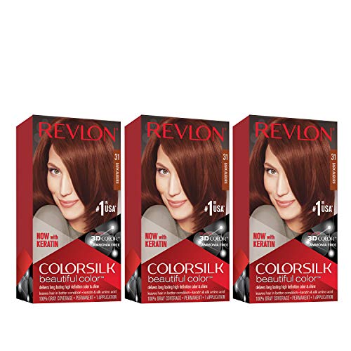 Revlon Permanent Hair Color, Permanent Hair Dye, Colorsilk with 100% Gray Coverage, Ammonia-Free, Keratin and Amino Acids, 31 Dark Auburn, 4.4 Oz (Pack of 3)